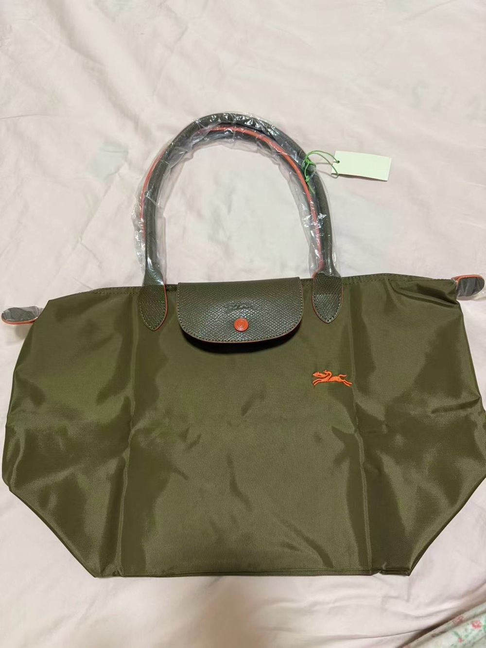 Longchamp Military Green Tote With Orange Leather Trim